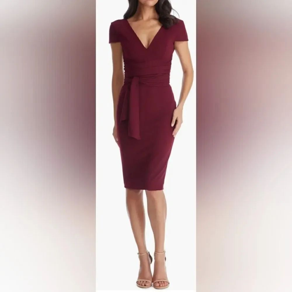 Dress The Population Dana Wrap Waist Midi Cocktail Dress NWT size XXL Burgundy